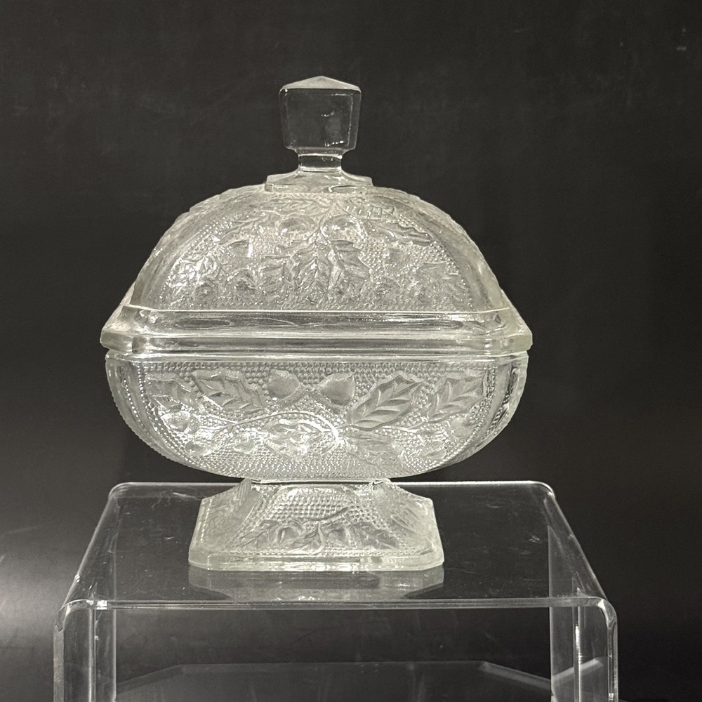 Vintage Jeanette Depression Glass Oak Leaf & Acorn Wedding Box Covered Dish